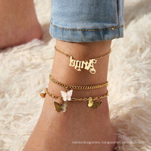 Personality Multi-Layer Letter Angel Foot Decoration Temperament Pink Butterfly Anklet